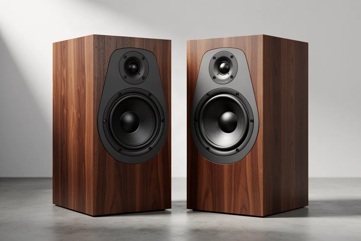 Two MoFi SourcePoint standmount speakers side by side showing concentric drivers on a concrete surface