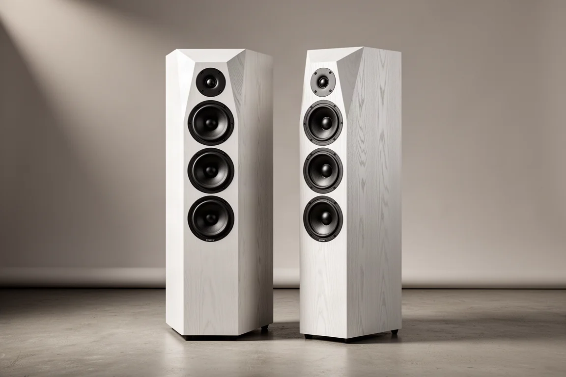 Pair of MoFi SourcePoint Triple 8 tower speakers in satin white ash on a neutral backdrop
