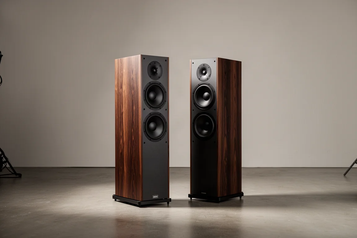 Pair of tall dark wood floorstanding speakers in a wide minimal room