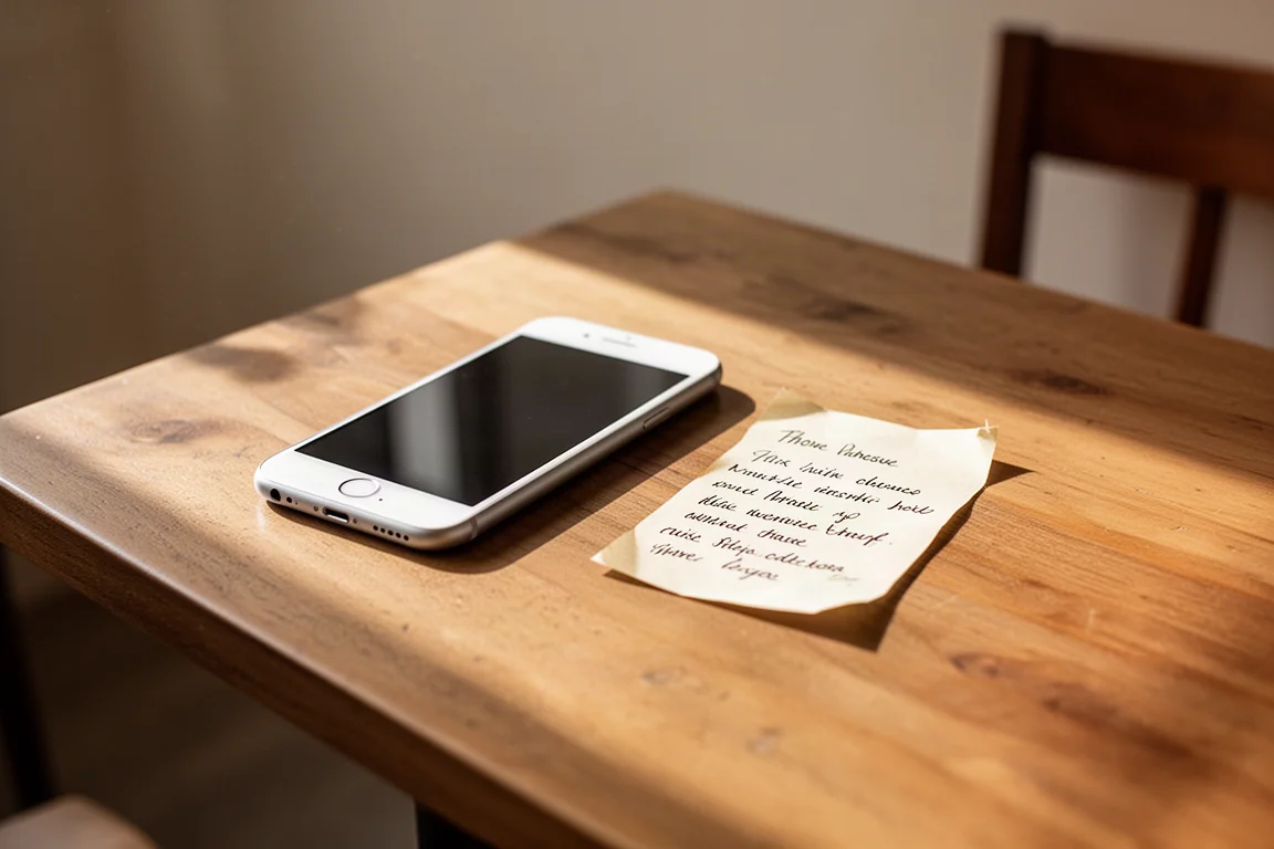 Handwritten notes and a smartphone on a wooden café table