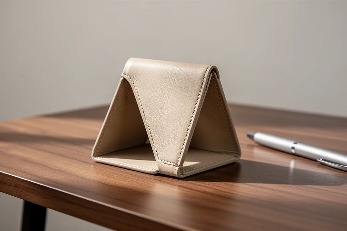 Small sticky note pad folded into a triangular shape on a desk