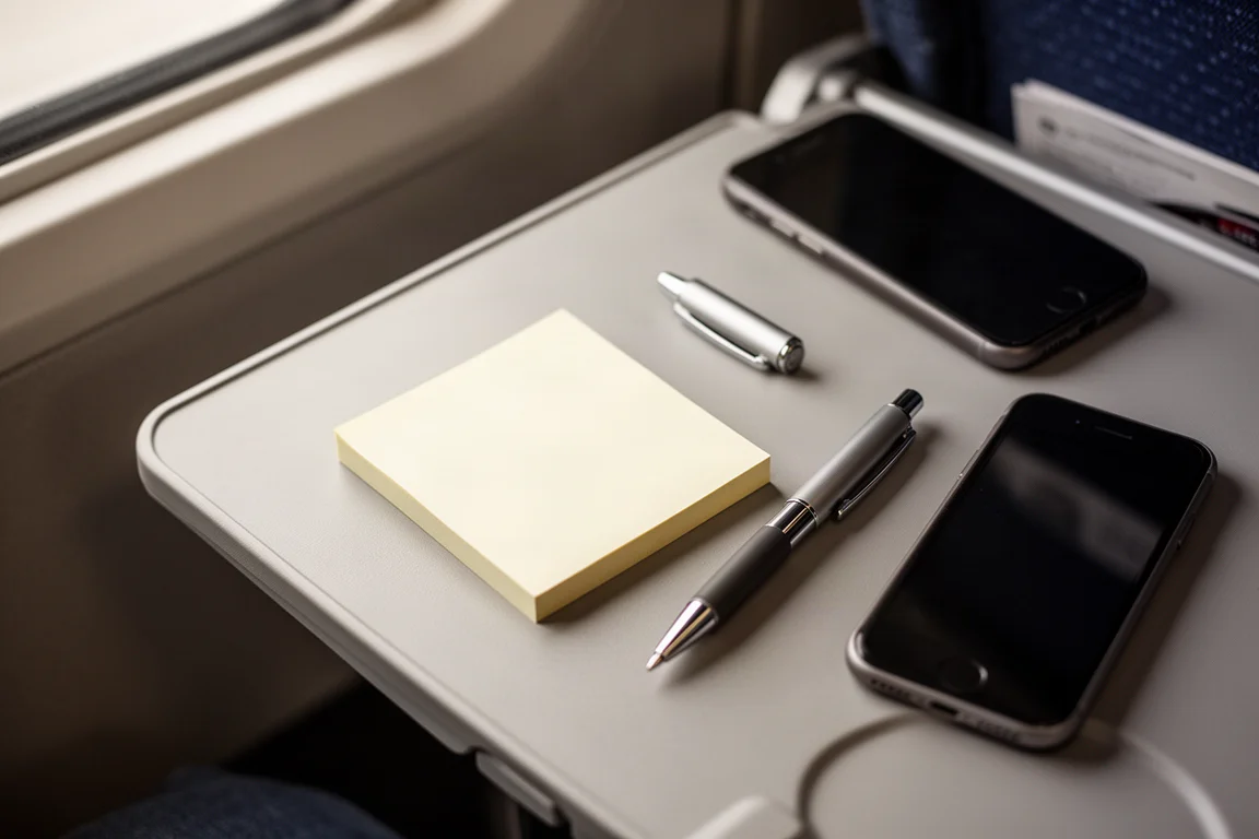 Sticky note being written on with a compact pen during a commute