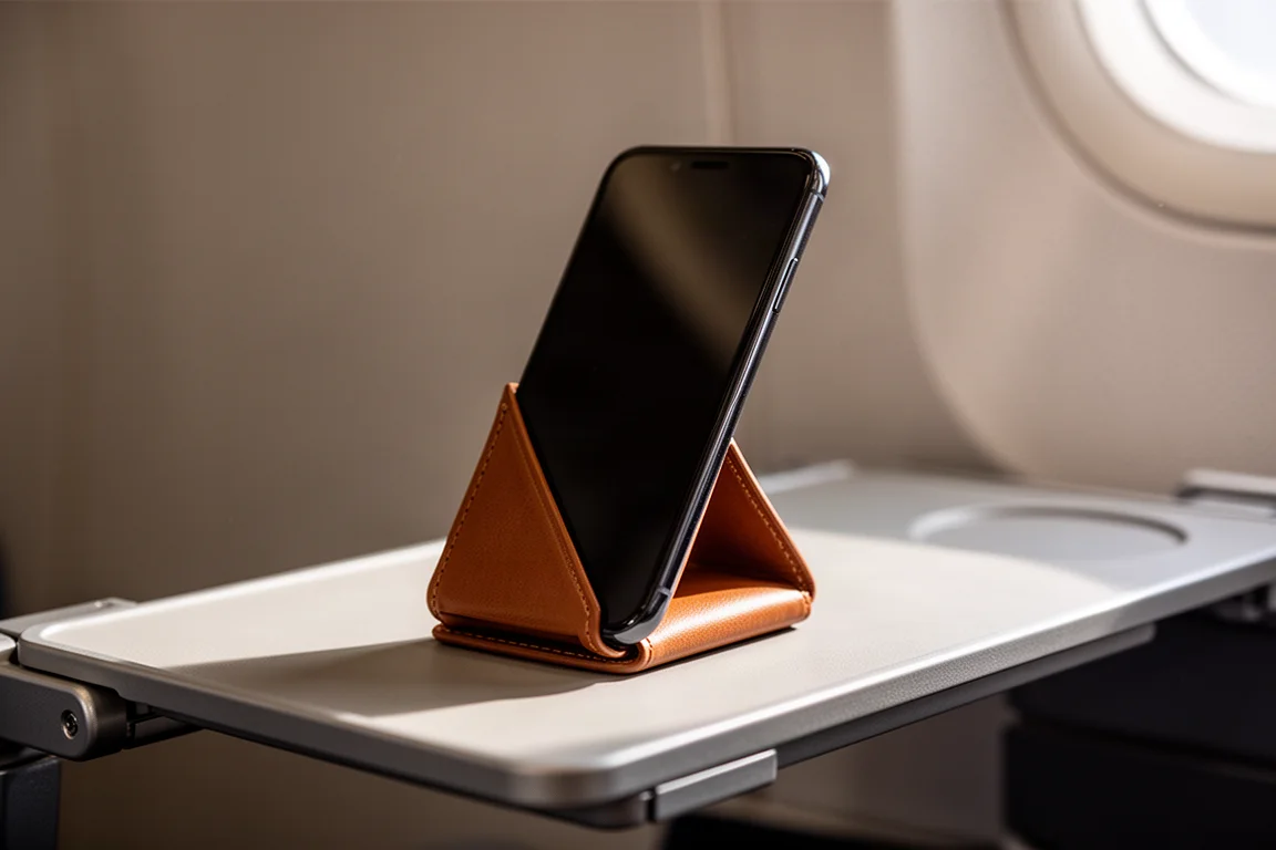Smartphone propped up by a slim leather stand on an airplane tray table