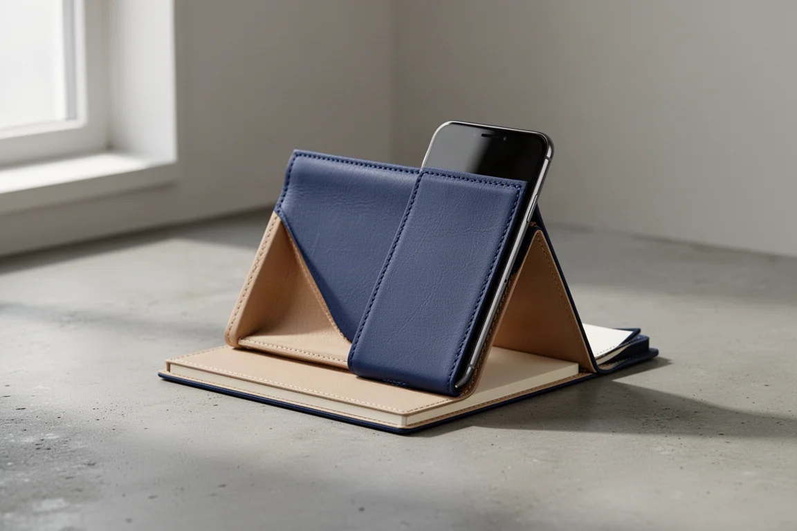 Accessoire carnet en cuir vegan bleu foncé plié en support maintenant un smartphone