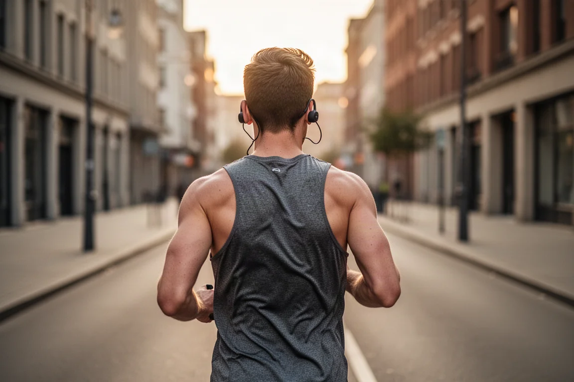 Runner wearing open-ear bone conduction headphones on a city street at dawn