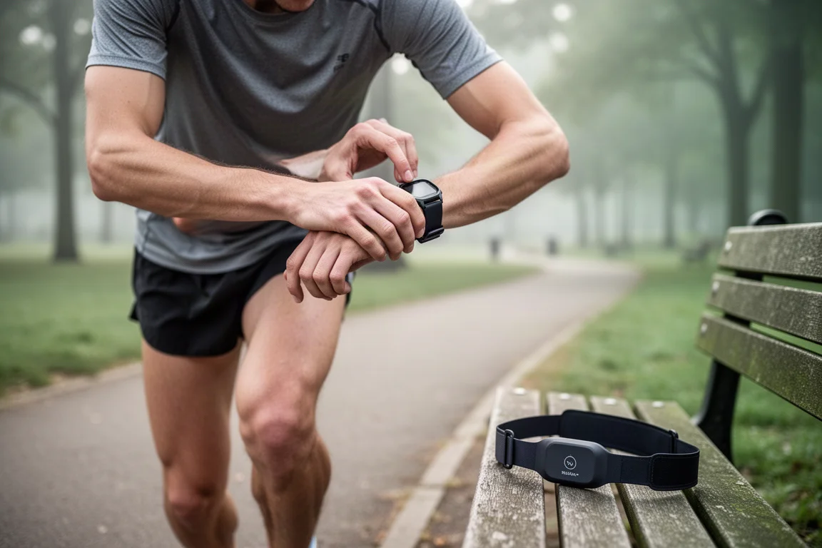 Runner checking a sports watch with a chest strap heart rate monitor nearby
