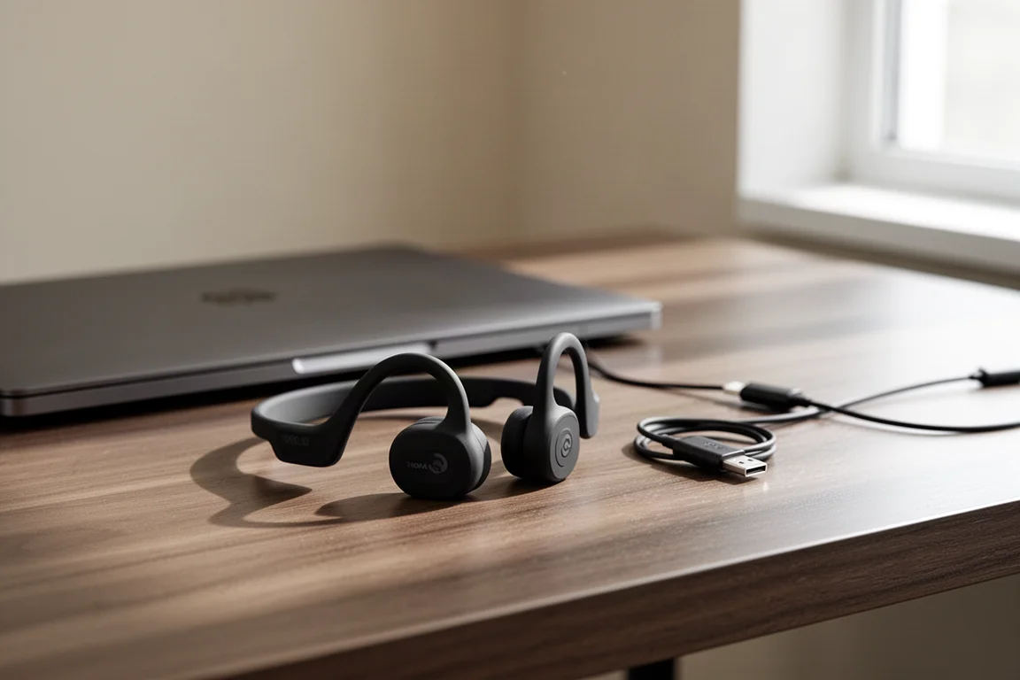 Sports headphones resting on a desk beside a laptop charging cable