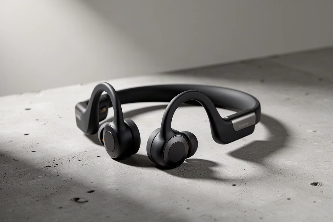 Black bone conduction sports headphones with titanium neckband on a concrete surface