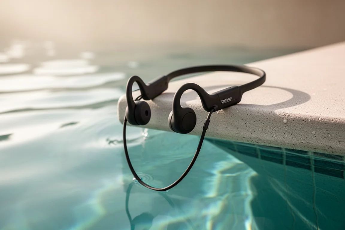 Knochenleitungs-Kopfhörer neben einer Schwimmbahne hängend