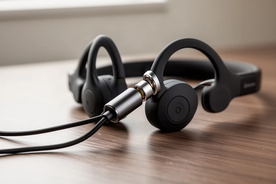 Nahaufnahme eines magnetischen Ladekabels, das an einen Kopfhöreranschluss angeschlossen wird