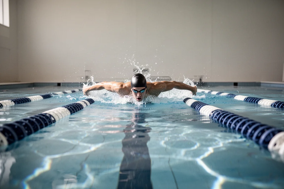 Schwimmer gleitet bei sanftem Innenlicht durch eine Schwimmbahn