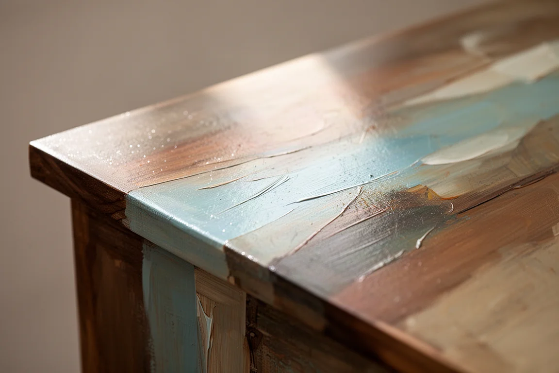 Close-up of a glossy painted wooden sheath surface with layered artwork detail