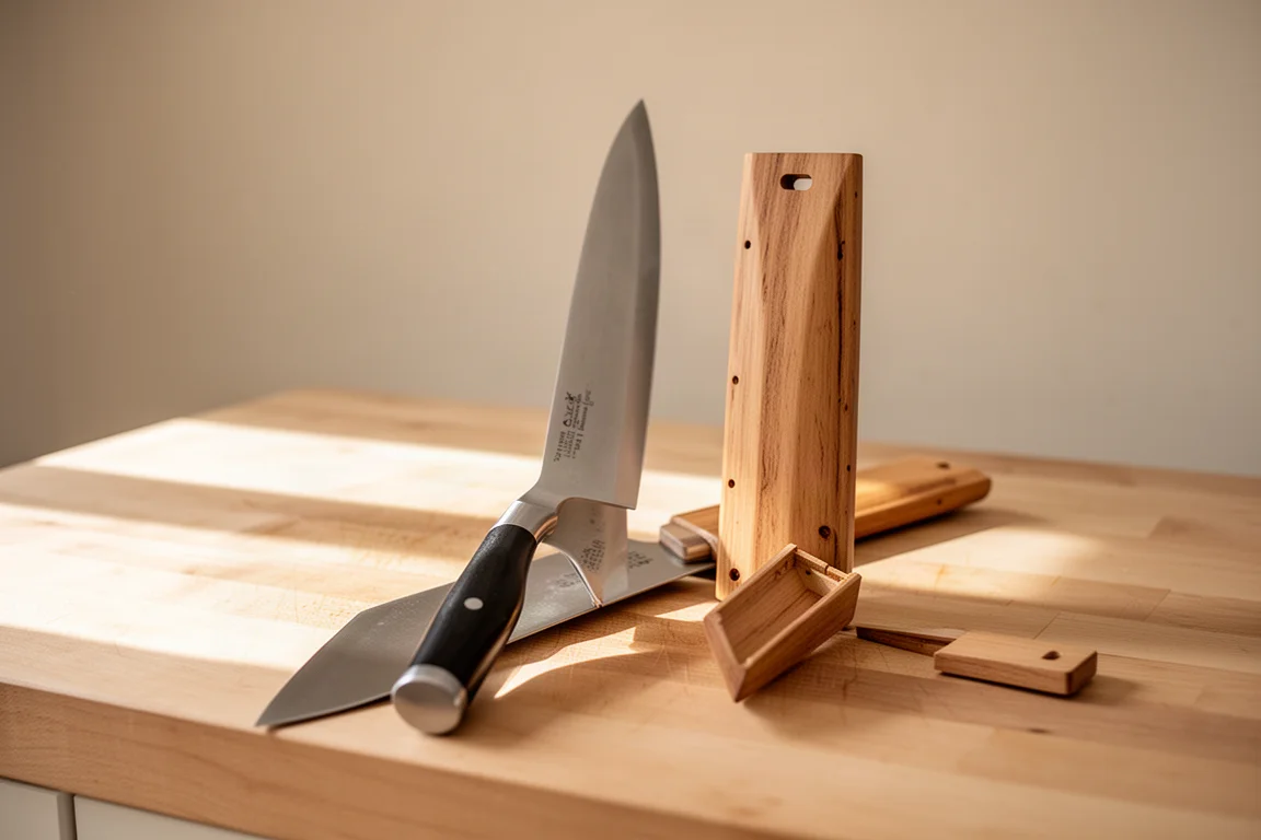 A chef knife resting on a kitchen workbench beside a wooden sheath