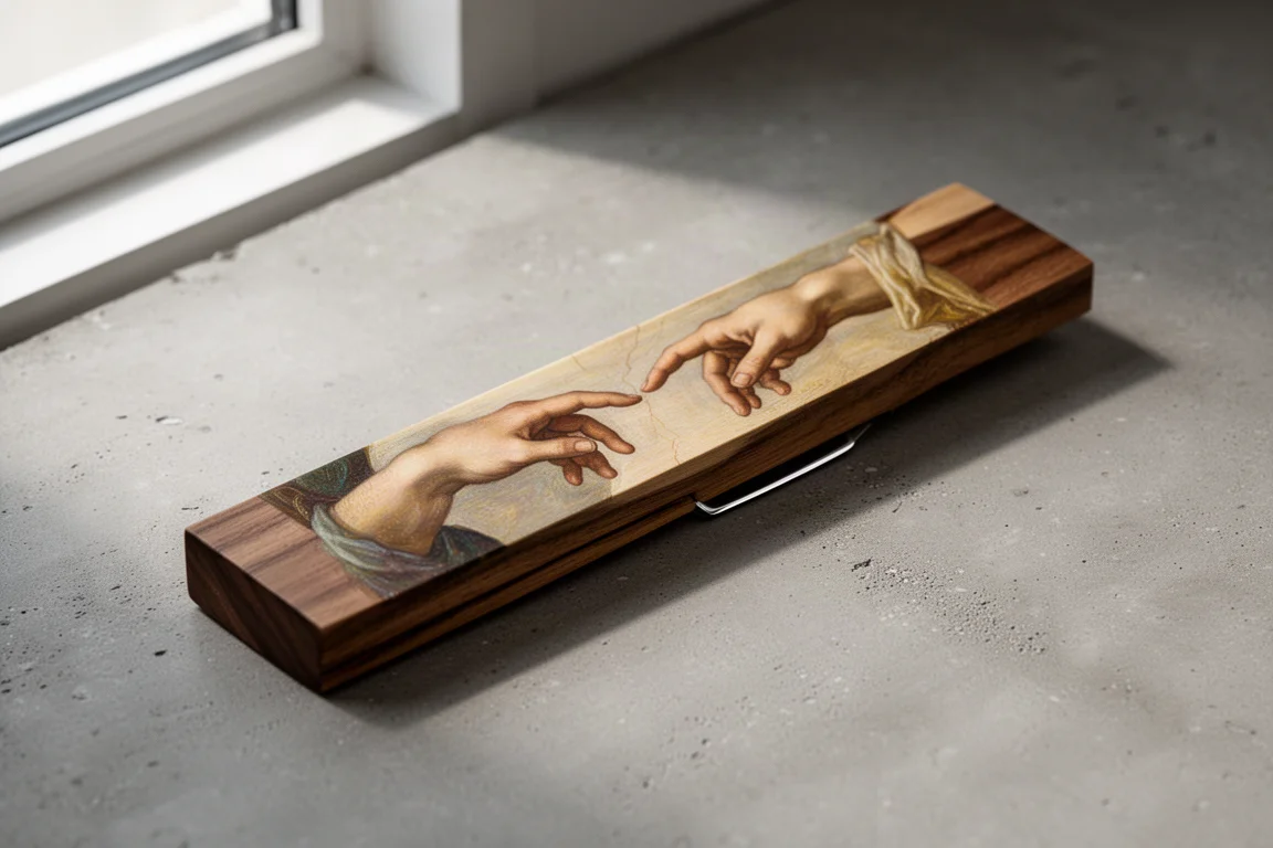 Handcrafted wooden saya with Renaissance-inspired painted artwork on a concrete surface