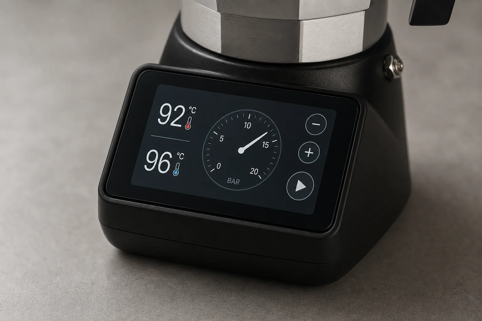 Touchscreen display showing temperature and pressure readings during brew