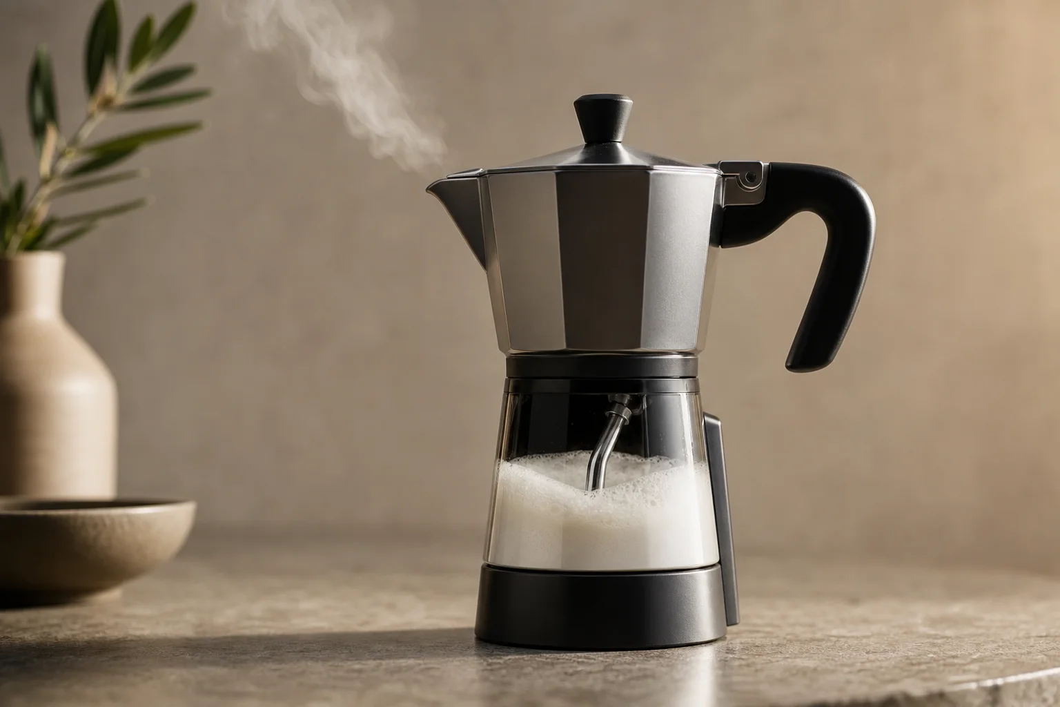 Moka pot with milk steaming chamber showing foam rising during heating