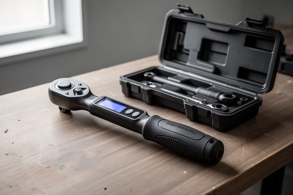 Molewalk digital torque wrench on a workbench beside its storage case