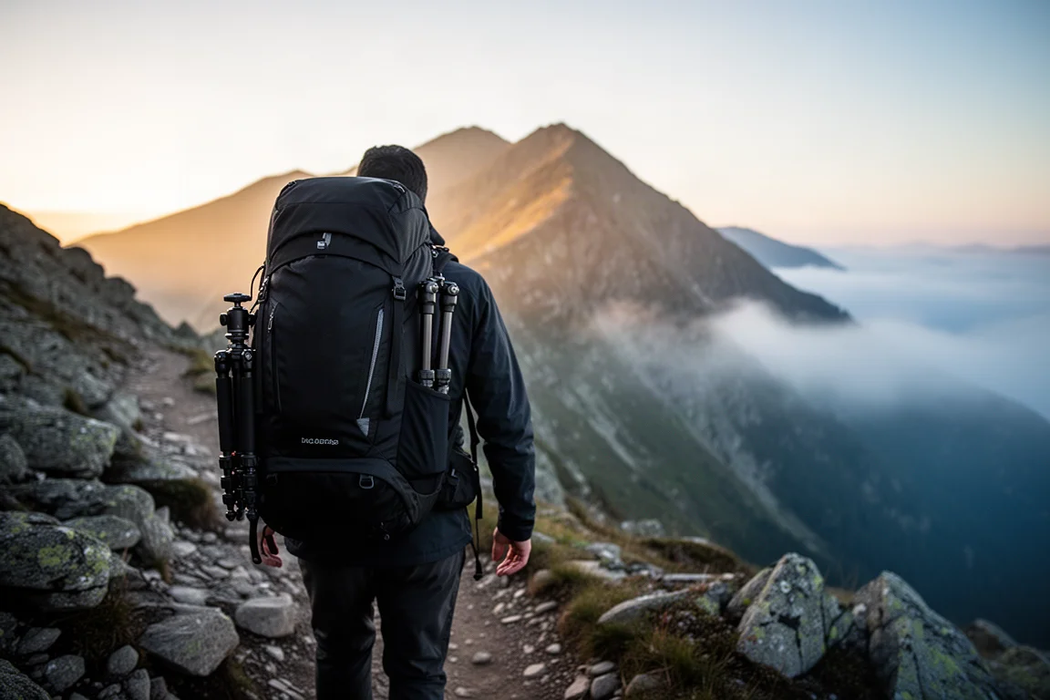 Wandelaar op een bergpad bij zonsopgang met een lange camerarugzak en een statief aan de zijkant vastgemaakt