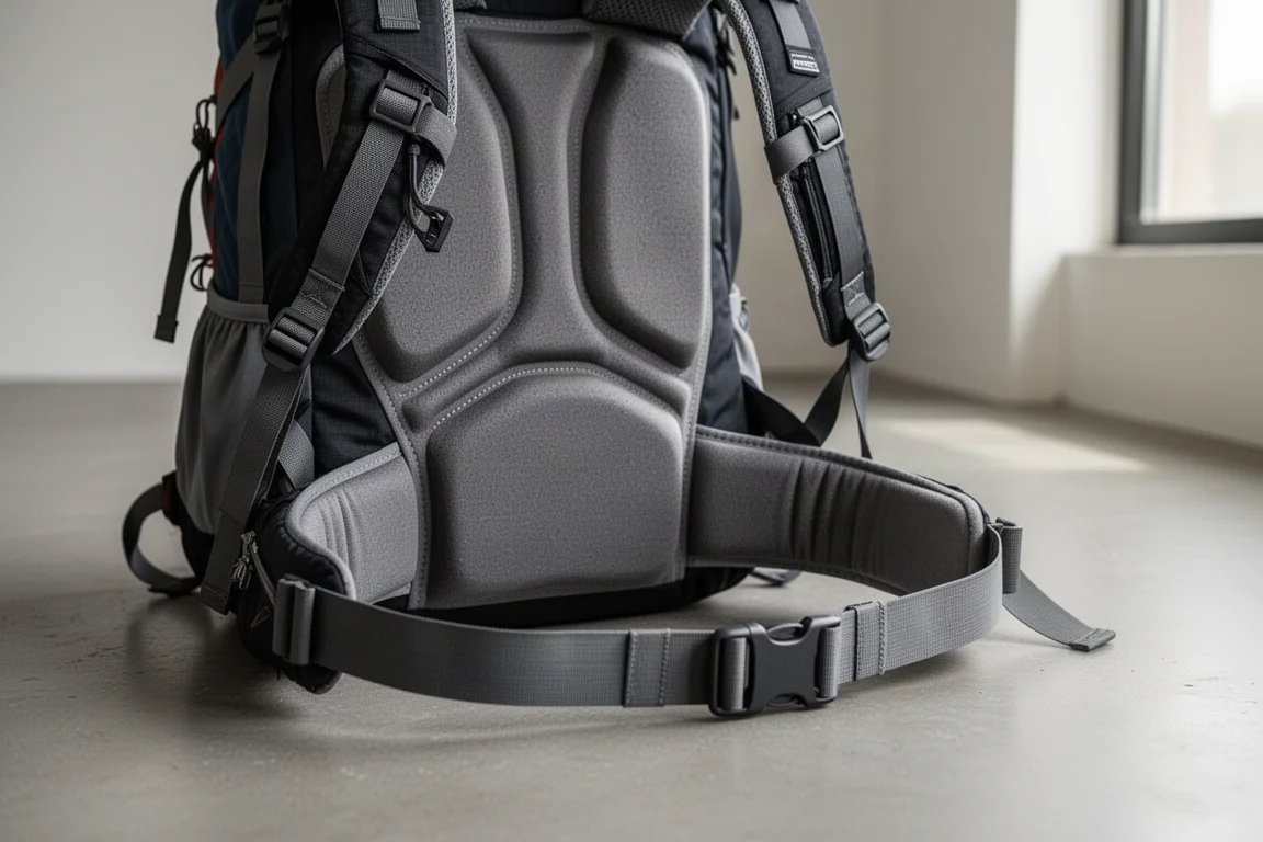 Close-up van een gevoerd rugpaneel, heupgordel en load lifter-webbing op een betonvloer