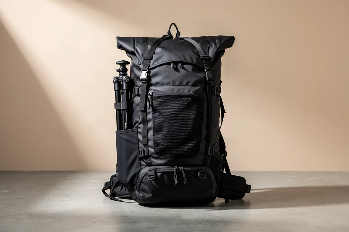 Black 45-liter roll-top hiking camera backpack with tripod sleeve and mesh pocket on concrete
