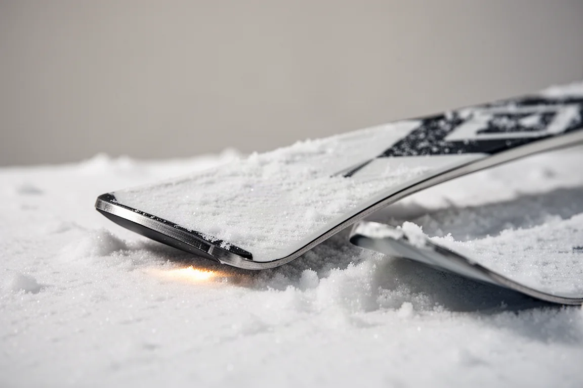 Primer plano de la cola y el canto de un esquí apoyado sobre nieve compactada