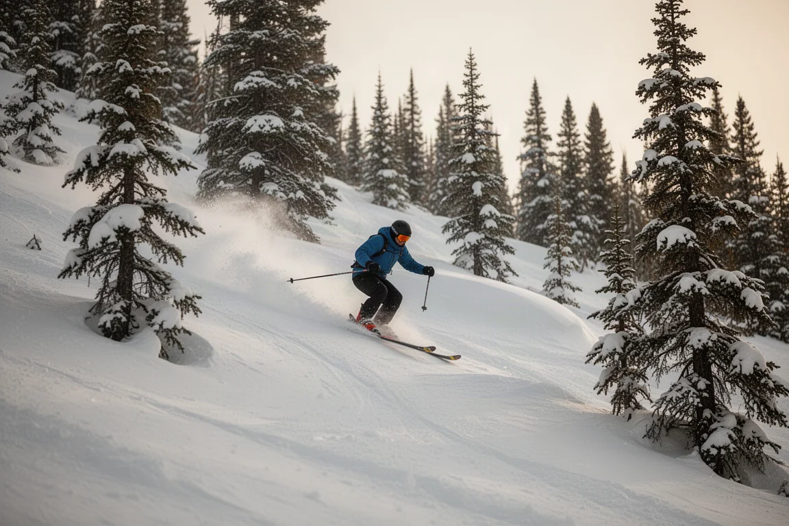 Esquiador realizando giros con salto por un couloir empinado lleno de nieve