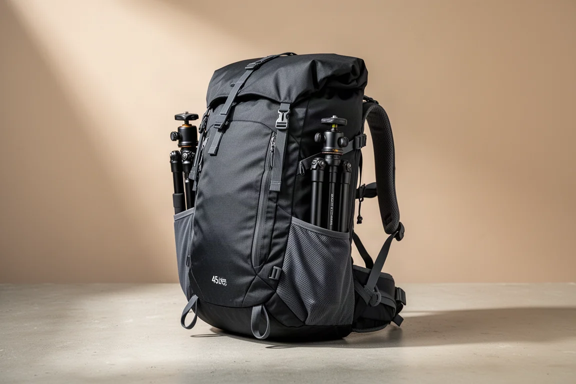 Moment Strohl Mountain Light Backpack standing upright on a matte concrete surface