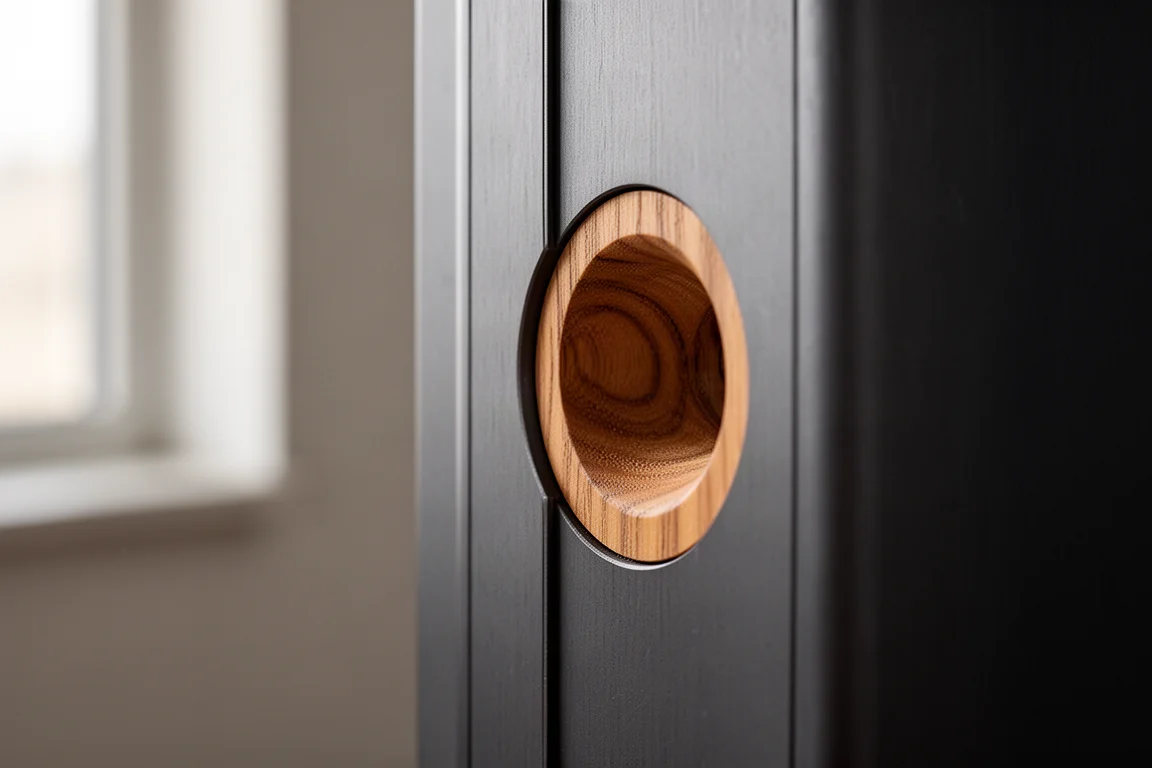 Primo piano di un tappo di accordatura in legno inserito in un cabinet per diffusori in alluminio spazzolato