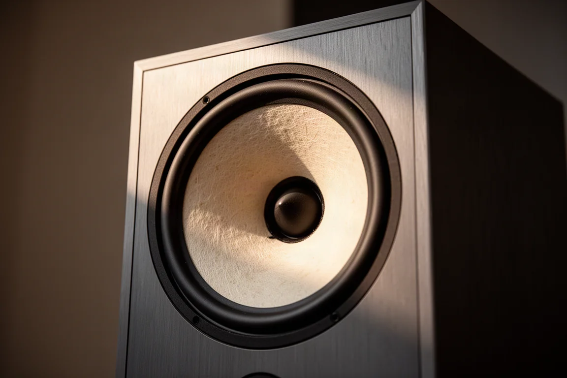 Dettaglio dal basso di un woofer con cono in carta in un sottile cabinet in alluminio
