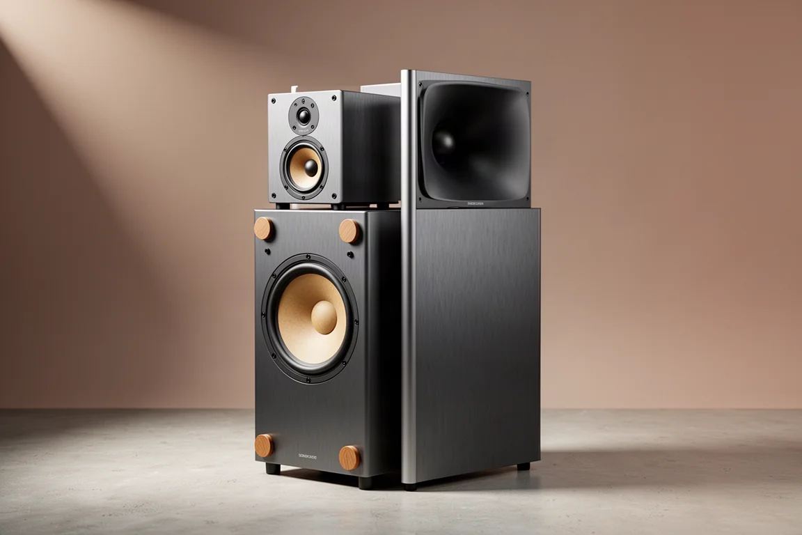 Two-part aluminum hi-fi speaker system in a listening room on a concrete floor