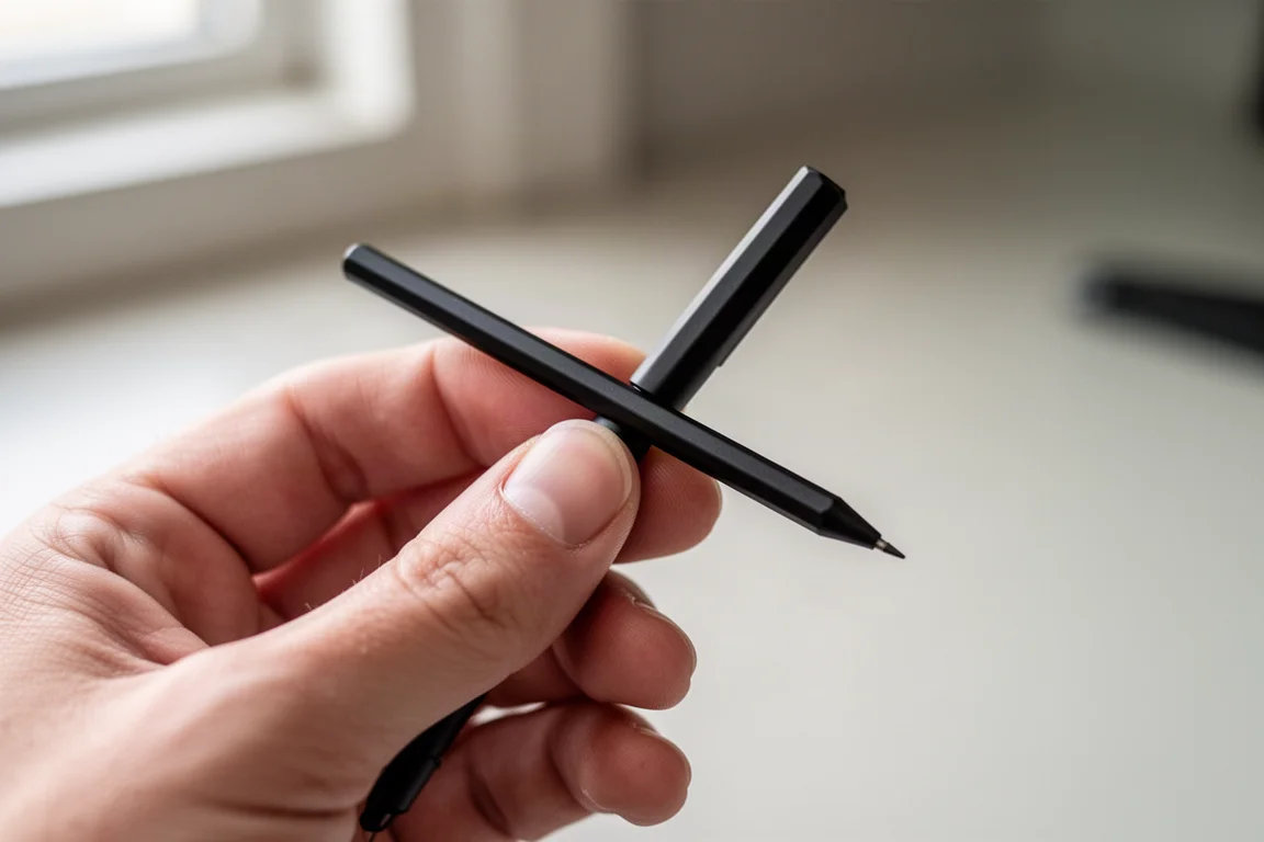 Cuerpo hexagonal mate negro del bolígrafo sostenido en una mano mostrando su grosor similar al de un lápiz