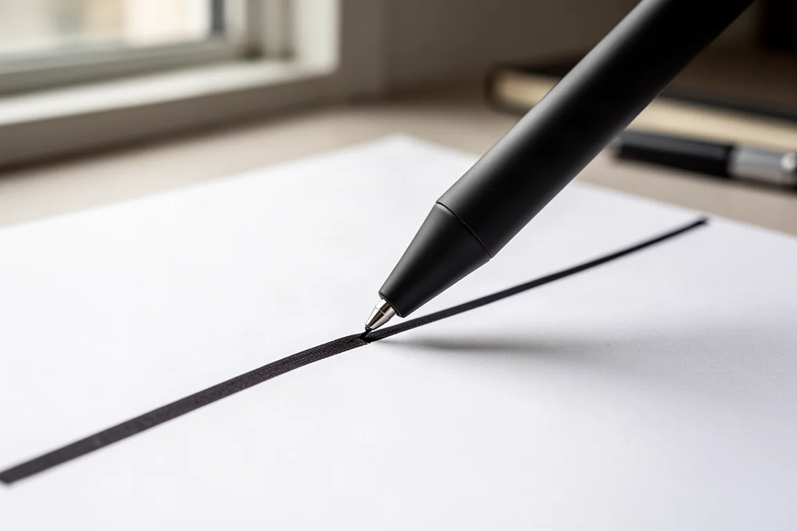 El bolígrafo escribiendo una línea de tinta oscura y suave sobre papel blanco con luz de día