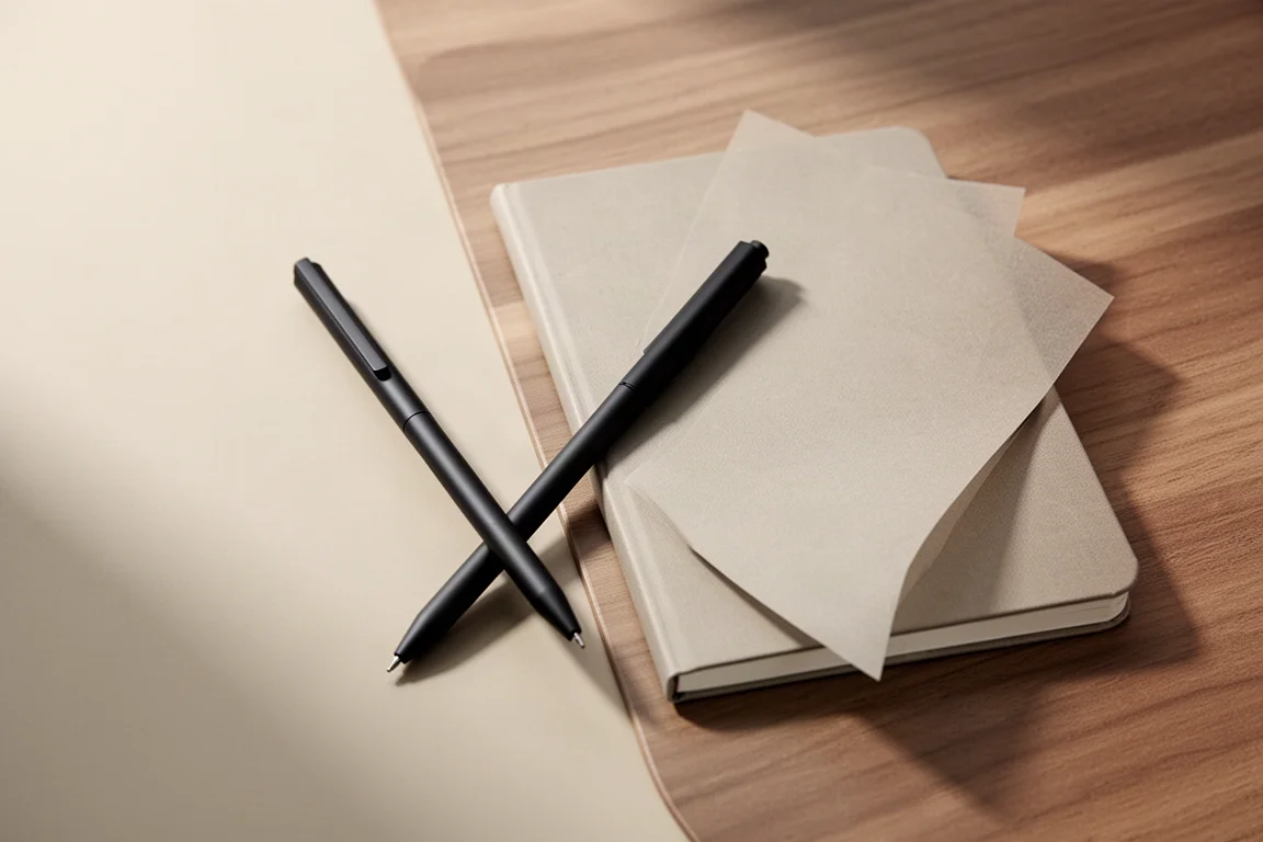 Composición minimalista con un bolígrafo negro junto a un cuaderno sobre un escritorio de madera