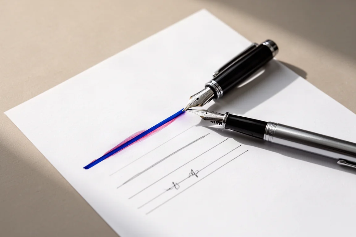Penna stilografica che scrive su carta bianca con inchiostro blu che mostra lo sheen