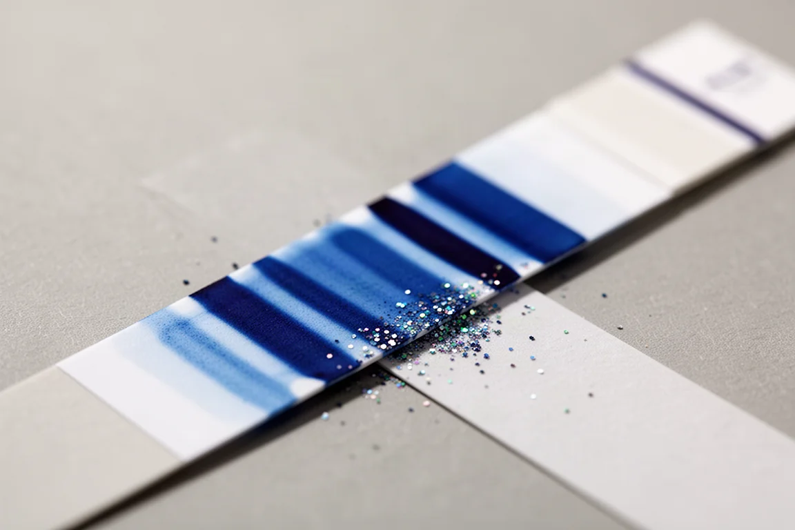 Striscia di cromatografia che mostra l'inchiostro blu separarsi in bande di colore