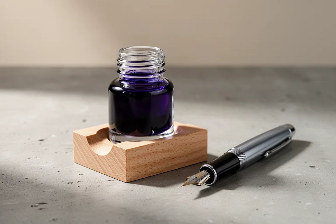 Blue-purple fountain pen ink bottle in a small wooden stand beside a pen