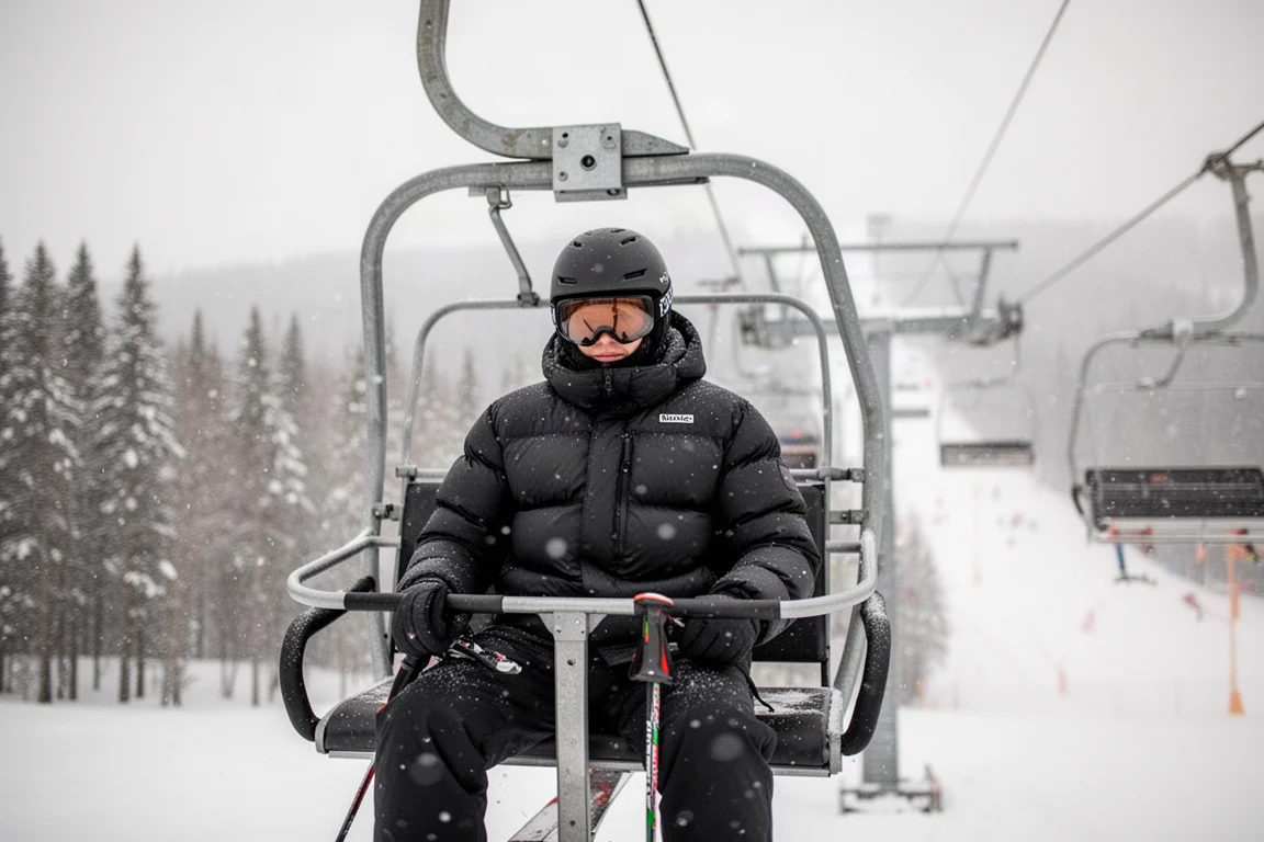 Skier in a puffy down jacket riding a chairlift on a snowy mountain
