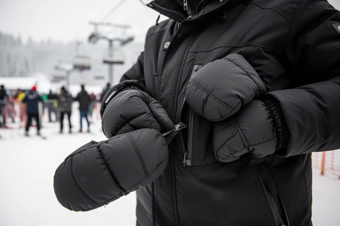 Close-up of jacket pockets and zipper while wearing ski gloves