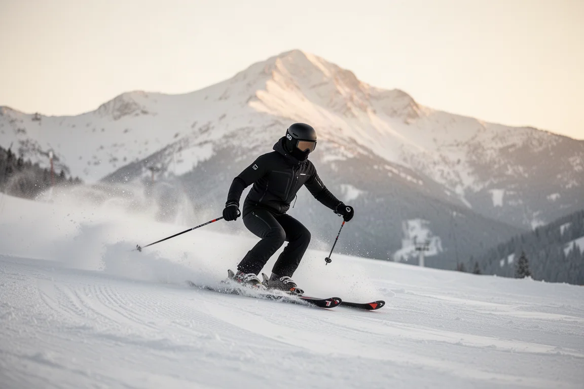 Skier carving through fresh powder on a groomed slope