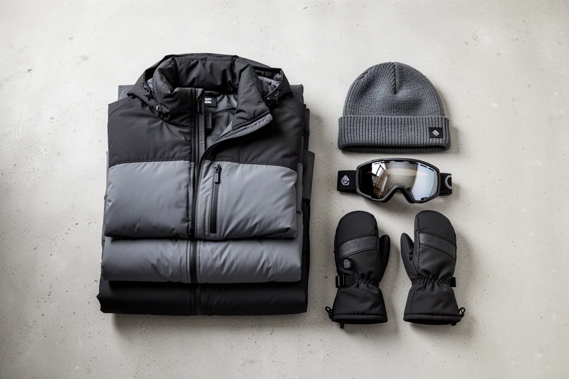 Overhead flat-lay of ski apparel and accessories on a neutral surface