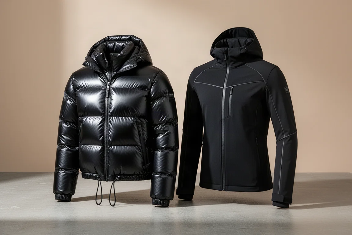 Two black premium Moncler-style ski jackets side by side on concrete