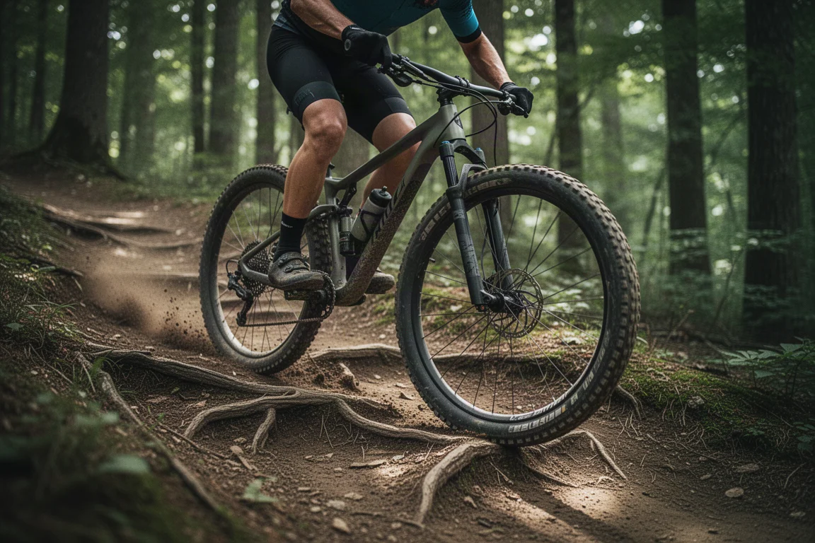 Nahaufnahme eines Carbon-Gravel-Gabelausfallendes mit Flip-Chip und Profilreifen