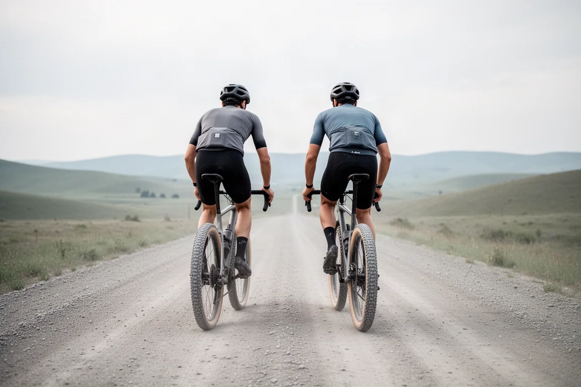 Draufsicht auf Gravelbike-Laufräder, Kassette, Kettenblatt und Reifen auf Beton