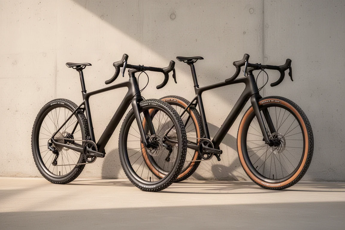 Twee carbon gravelbikes met grof geprofileerde banden naast elkaar op een neutrale grijze achtergrond