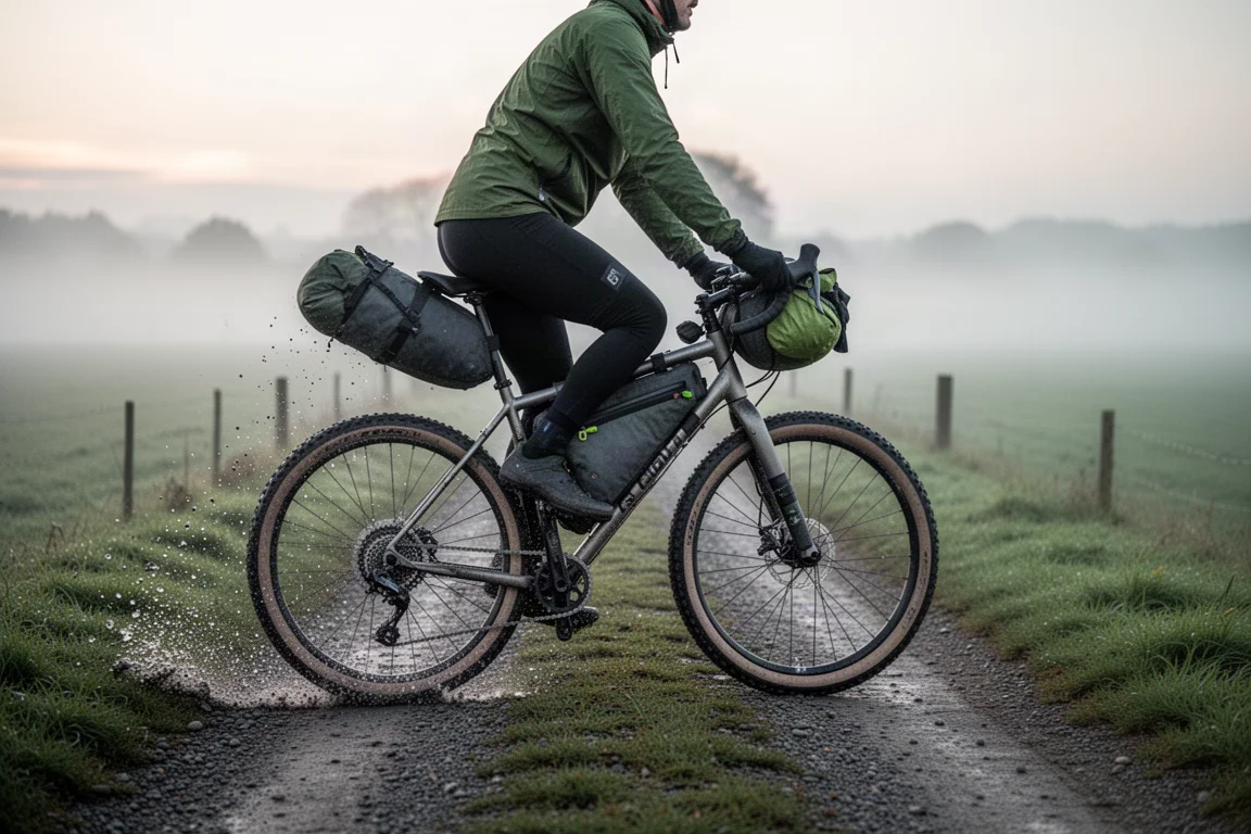 Rowerzysta widziany od tyłu jadący na rowerze gravelowym po otwartej drodze przez wrzosowisko w złotym świetle