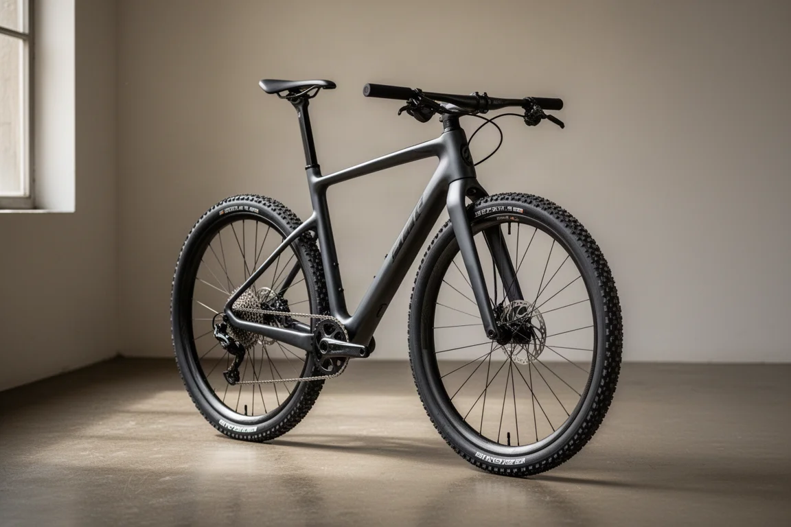 Carbon gravelbike met matte donkere afwerking, zijaanzicht op een neutrale grijze achtergrond