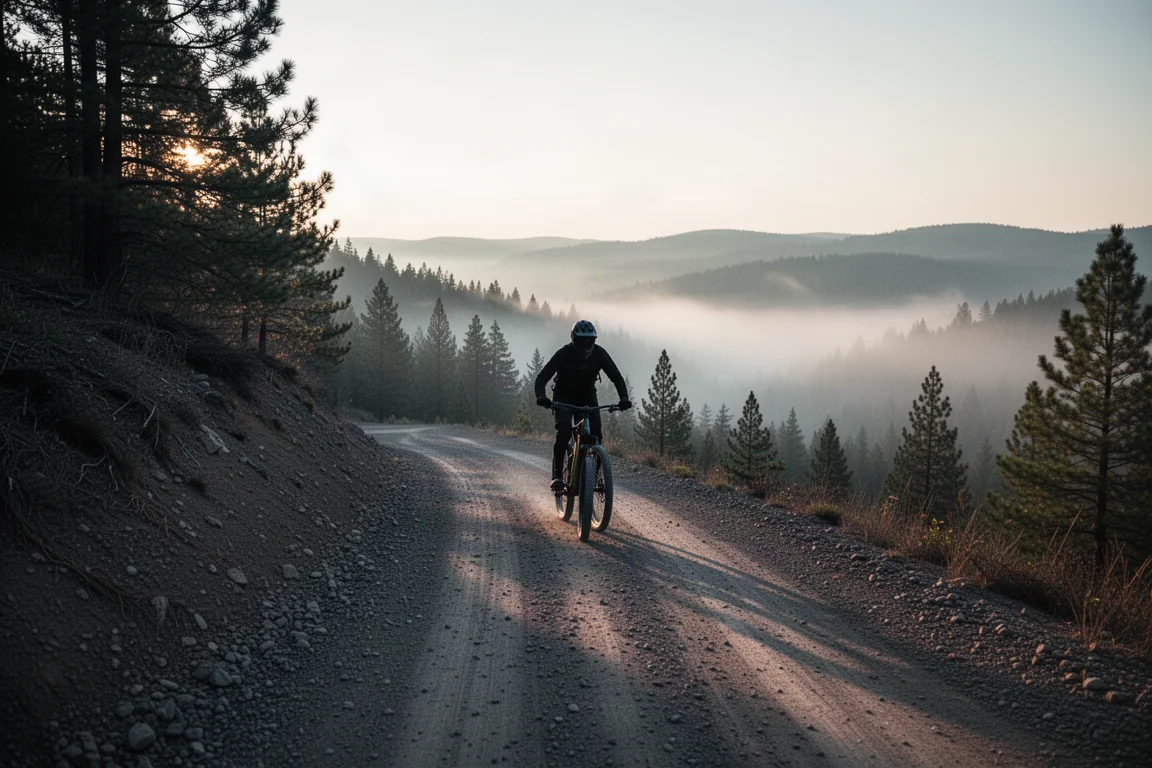 E-Mountainbike bei Sonnenaufgang auf steilem Schotter-Forstweg mit Nebel im Tal