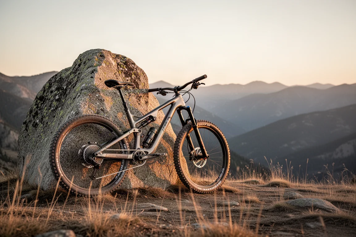 Mountainbike an einem Granitblock auf einem Grat zur goldenen Stunde abgestellt