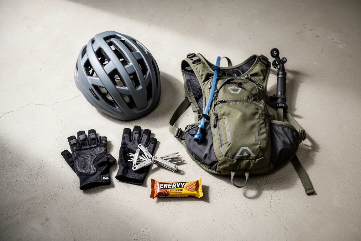 Draufsicht auf flach ausgelegte Mountainbike-Bekleidung auf einem Betonboden