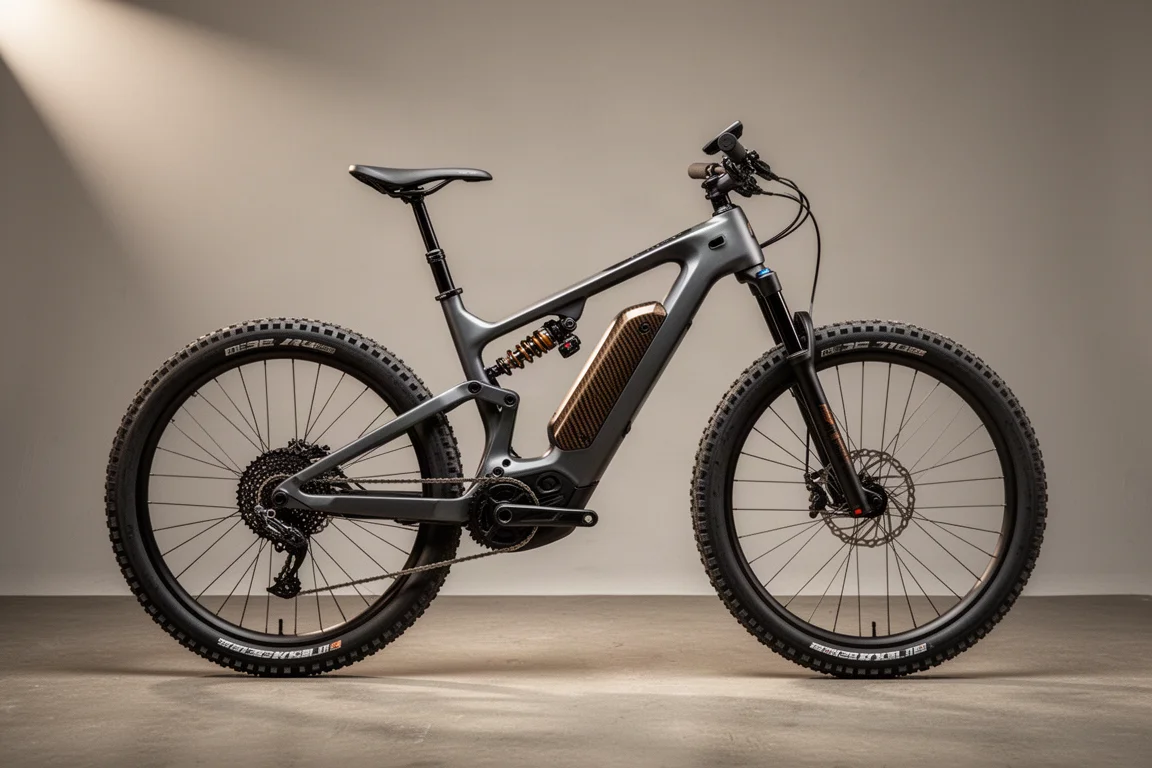 Volledig geveerde elektrische mountainbike in zijaanzicht op een neutrale grijze studiobackdrop